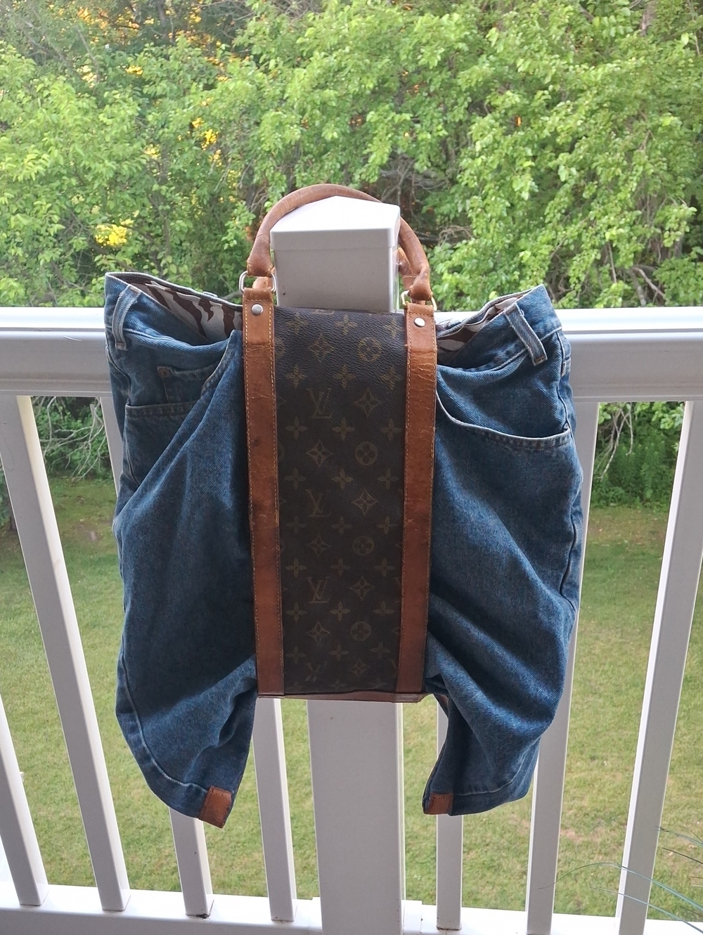 Upcycle Louis Vuitton Brown Monogram & Tan Leather Tote Bag - Picture 9 of 15